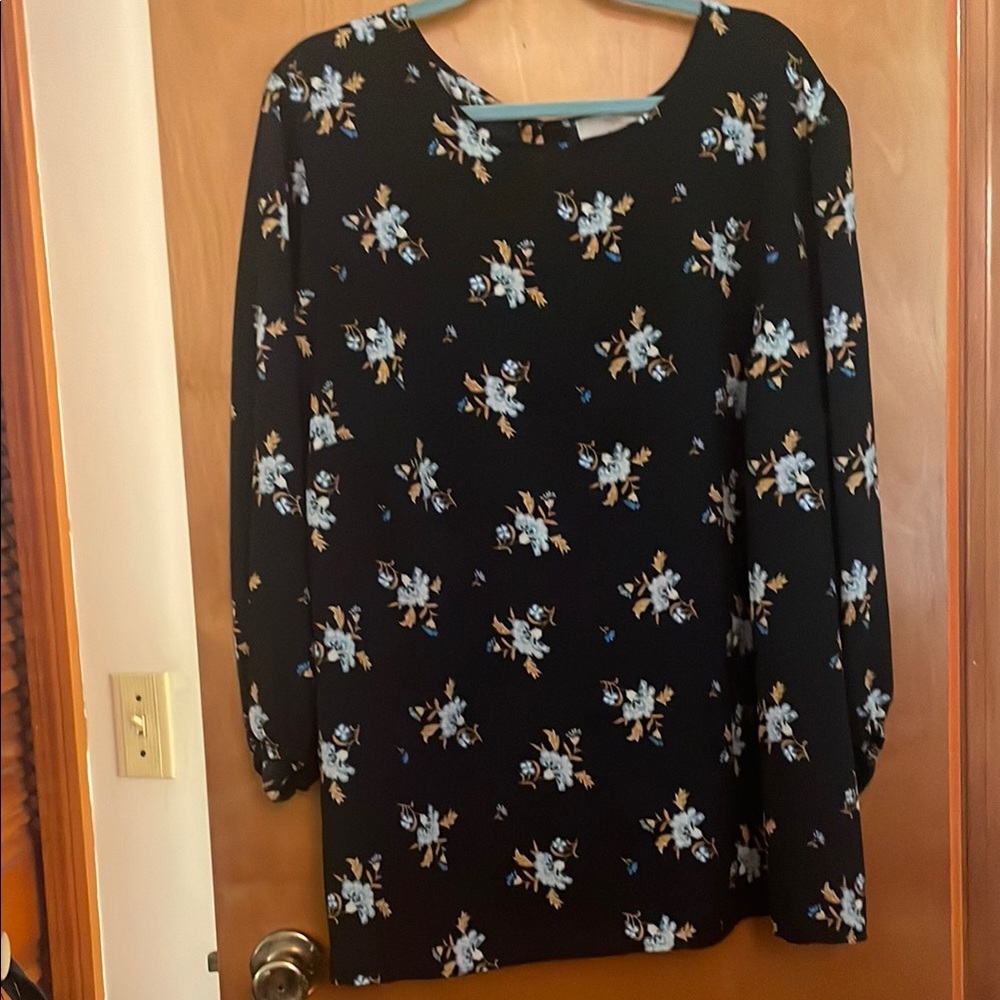 LOFT Black Background with Blue Flowers Long Sleeve Blouse